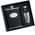 6 Oz. Black Leather Bonded Stainless Steel Flask w/ Funnel & 2-Shooters
